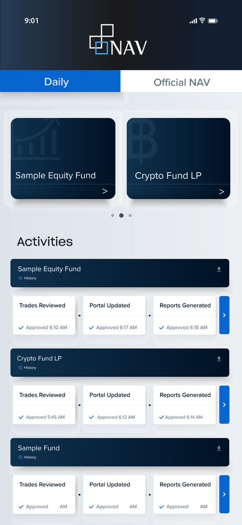 Dashboard do aplicativo móvel NAV Portal mostrando atividades diárias do fundo e atualizações de status para gestores de investimento