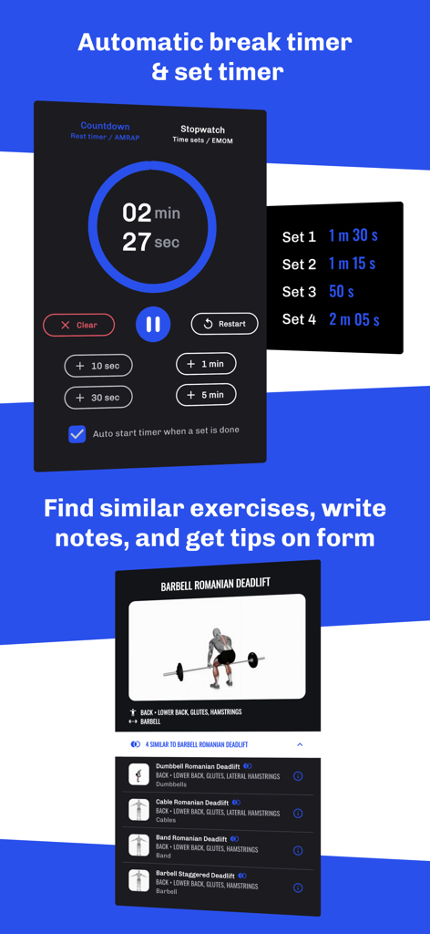 Gym Log Workout Tracker LEGEND - Temporizador de descanso automático y variaciones de ejercicios en la aplicación LEGEND Rastreador de Entrenamiento de Registro de Gimnasio