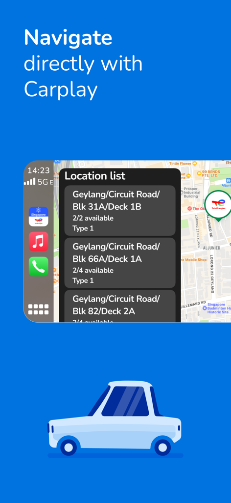 Interfaz de la aplicación TotalEnergies Charge Singapur en Apple CarPlay mostrando ubicaciones de carga de vehículos eléctricos