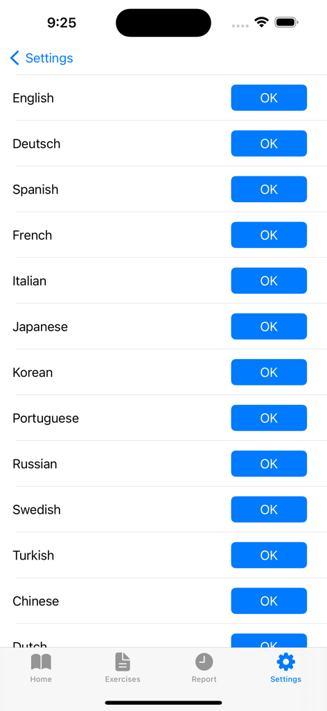 Dumbbell Home Workout Plan - Pantalla de configuración de idioma que muestra múltiples opciones de idioma en la aplicación de entrenamiento