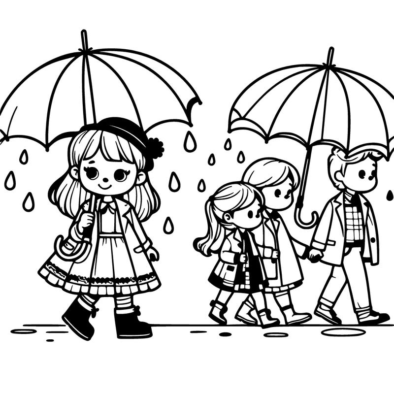 a cute girl with her family walking in the rain. with an big umbrella