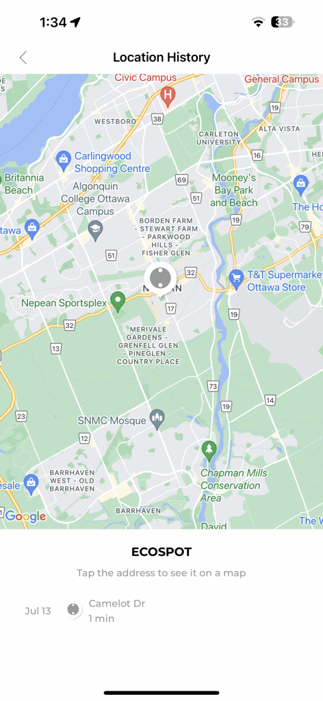 Location History map in the Spot 2.0 Bluetooth Finder app showing an ECOSPOT tracker position.