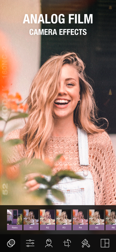 Camly: Photo Editor & Retouch - Camly app interface showing analog film camera effects applied to a smiling woman portrait