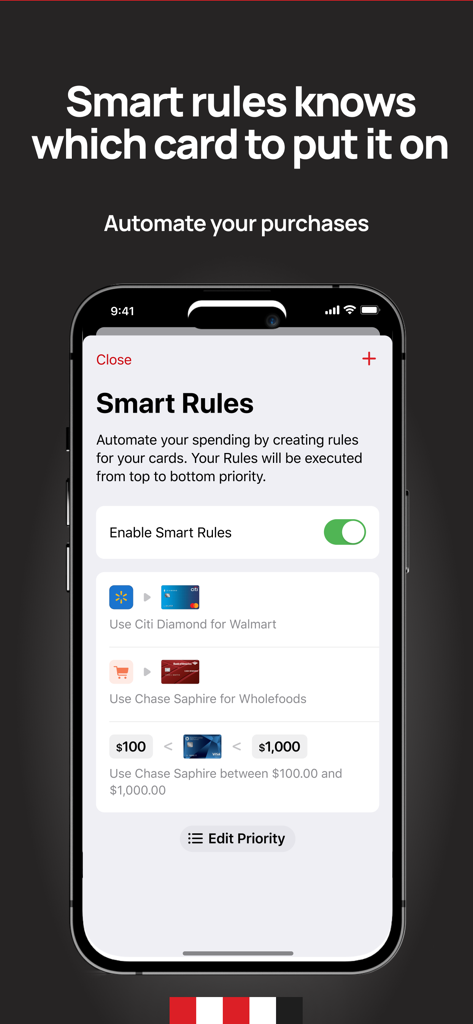 A screenshot of the Curve app Smart Rules feature allowing users to automate spending across different cards based on merchant or amount