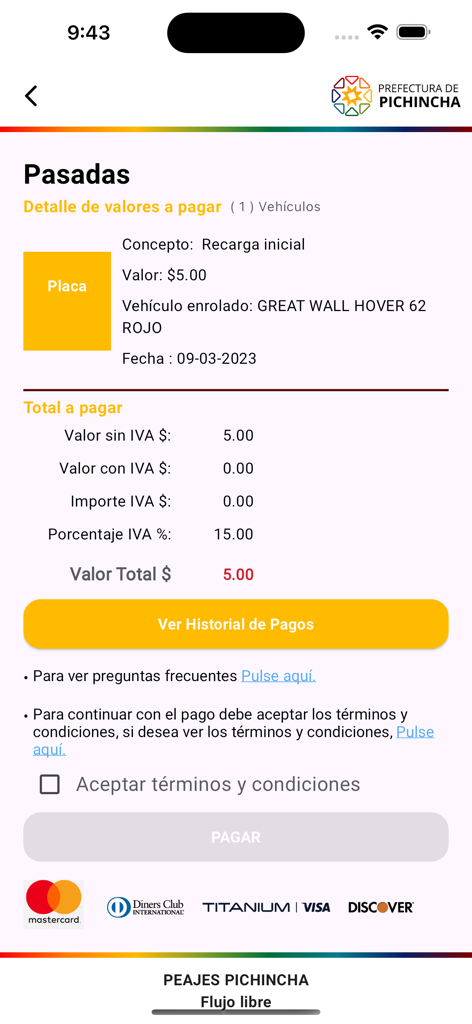 Peajes Pichincha V2 - Pantalla de la aplicación móvil que muestra un resumen de recarga de peaje con detalles del vehículo y opciones de pago para Peajes Pichincha.