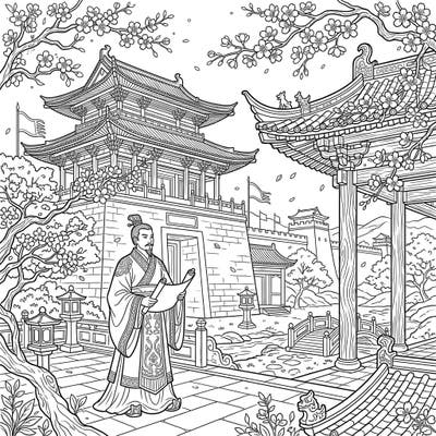 Step into the splendor of ancient China with this captivating coloring page, showcasing the majestic Qin Dynasty amidst the beauty of spring. Explore intricate imperial architecture and blooming cherry blossoms, ready for your artistic touch.
