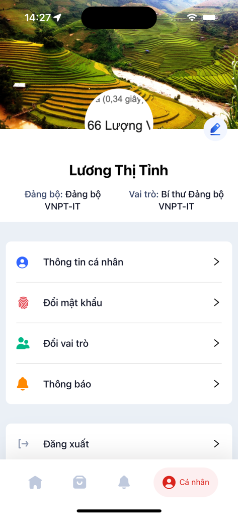Sổ tay Đảng viên - Écran du profil utilisateur de l'application So tay Dang vien montrant les informations du membre et les paramètres du compte
