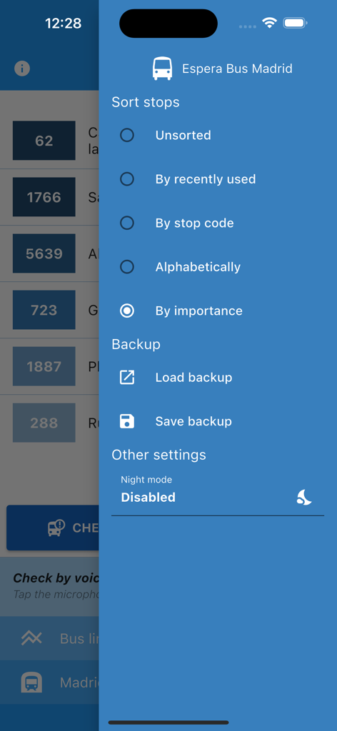 Menú de configuración de la aplicación Espera Bus Madrid que muestra opciones de clasificación de paradas y copia de seguridad