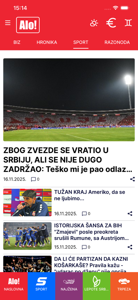alo.rs - The sports news section of the Alo.rs mobile application in Serbian language
