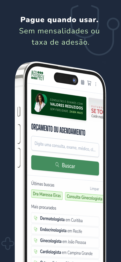 Medprev app search screen for medical consultations and exams