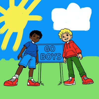 a boy and another boy standing next to each other and a sign that says go boys