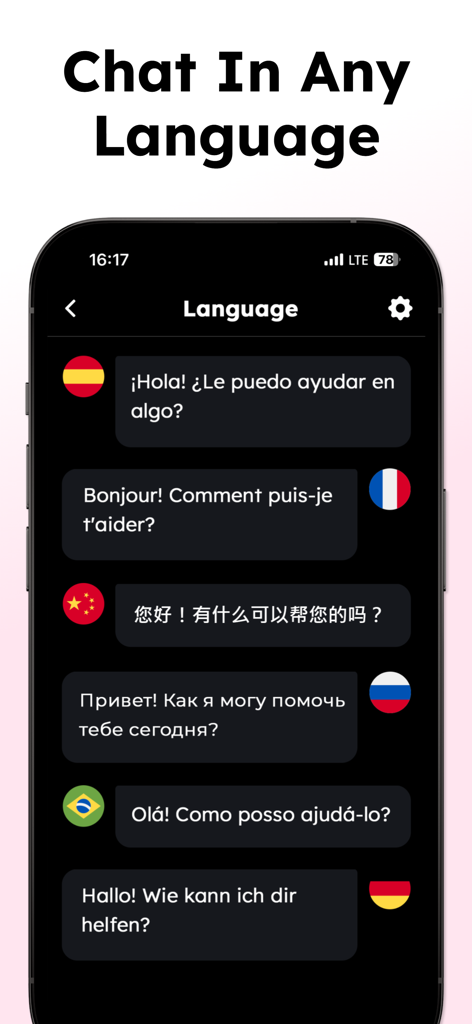AI Chat - Smart AI Assistant - AI Chat assistant app interface showing translation into several global languages