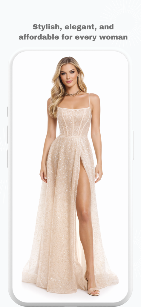 Una mujer luciendo un elegante vestido de noche brillante color champán con abertura alta en la app Cheap Dresses Fashion Shop
