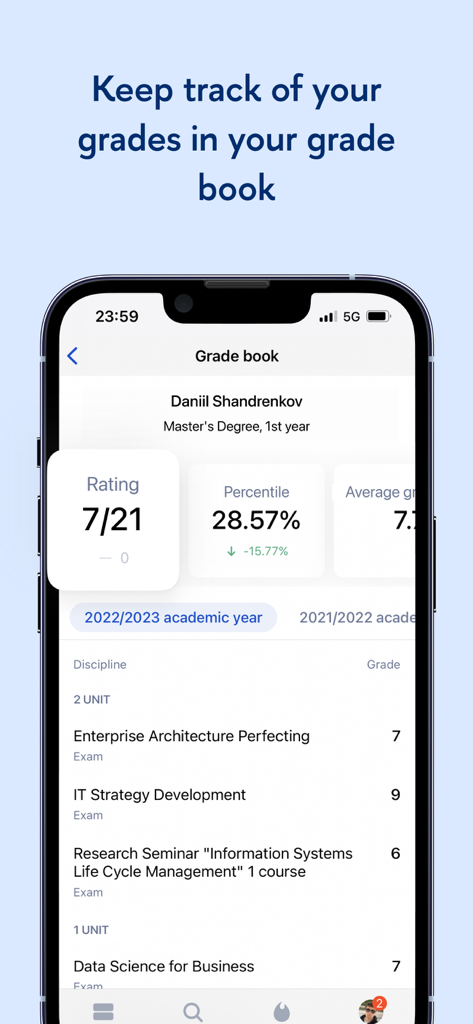 A mobile app screen showing a student's grade book with academic rankings and course grades for HSE University.