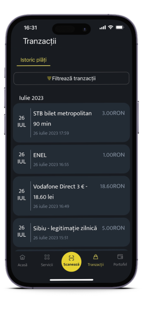 A mobile screen from the 24pay app showing a history of payment transactions for public transport tickets and utility bills.