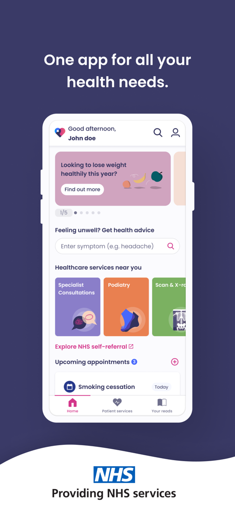 Tela inicial do aplicativo Patient Access mostrando serviços de saúde, busca de sintomas e agendamentos futuros