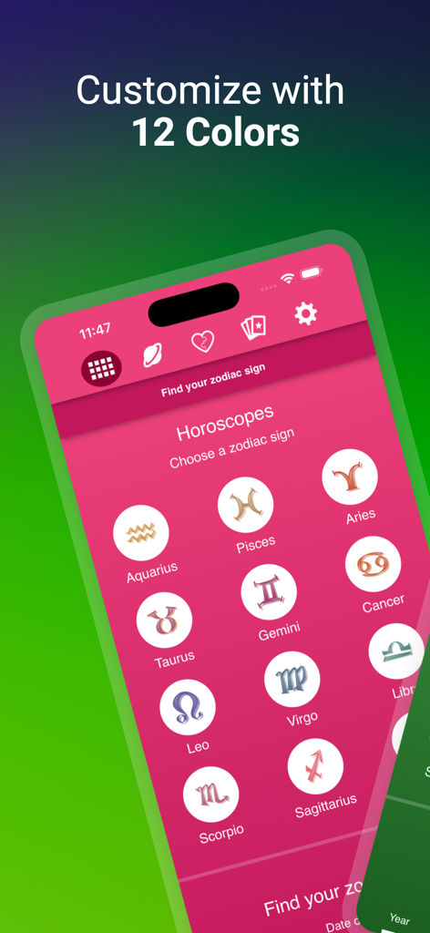 Una pantalla de aplicación móvil para Horóscopo Astrología Sin Anuncios que muestra una cuadrícula de iconos de signos del zodíaco en un tema rosa personalizable.