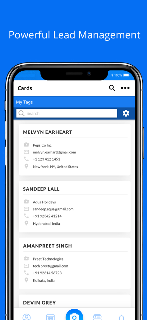 SnapCard - OTM BLTM Event App - SnapCard app interface showing a list of digital business cards for event lead management.