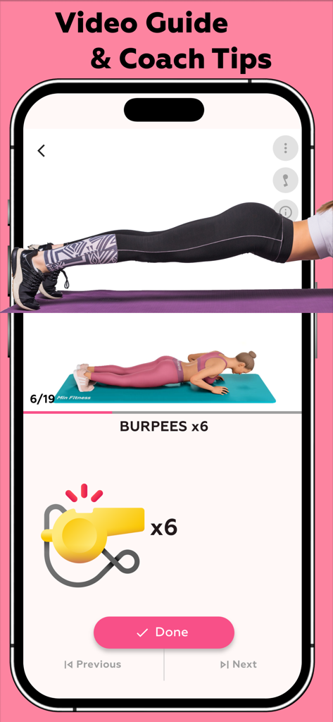 Women Workout - Burn Belly Fat - Guía de video y tutorial animado para el ejercicio de burpees en una app de entrenamiento en casa.
