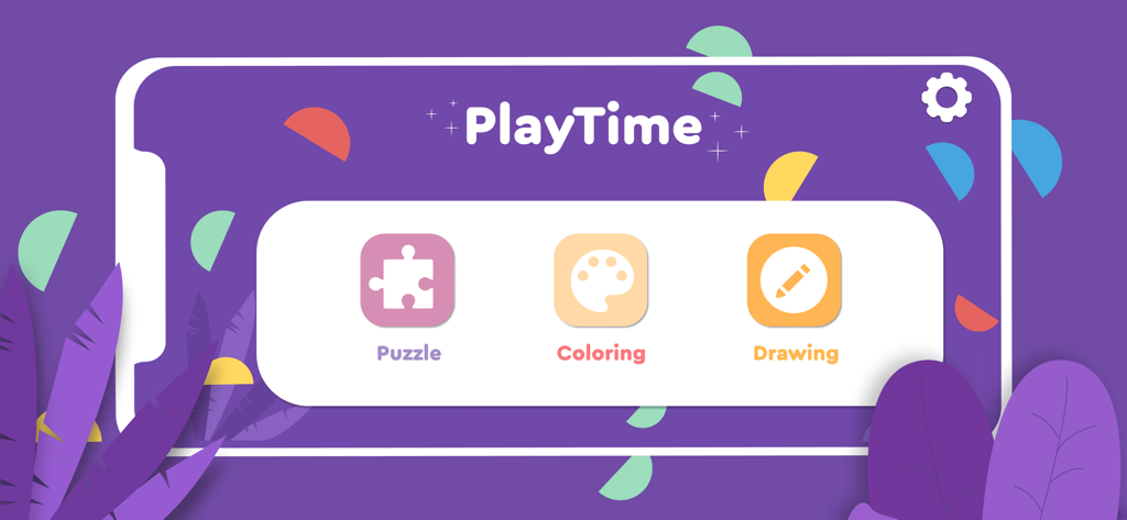 Happy Coloring Games: PlayTime - Main menu of PlayTime app showing icons for puzzle coloring and drawing sections