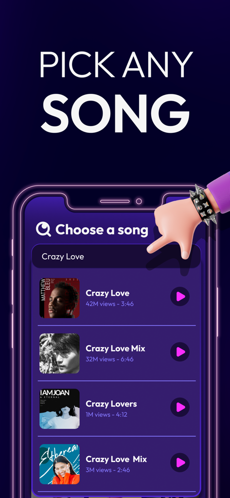 Una interfaz móvil que muestra una búsqueda de canciones para crear un cover con IA