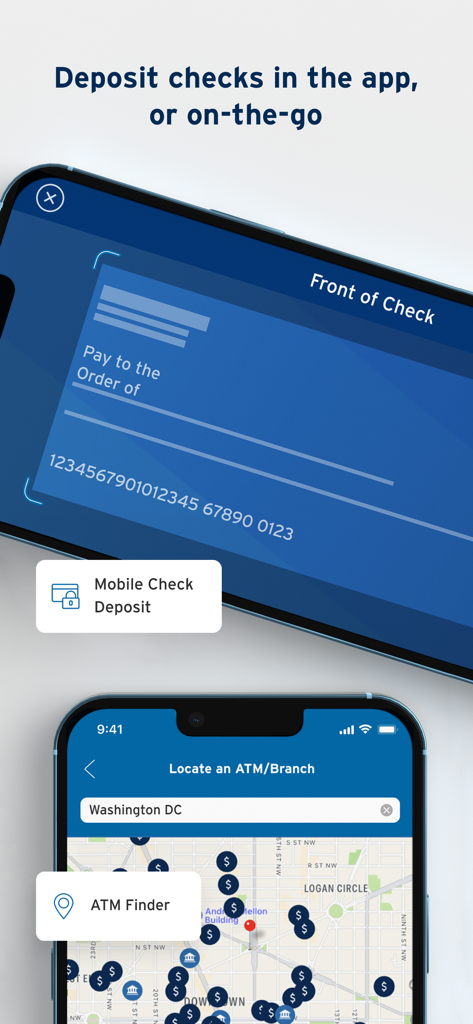 Citi Mobile app screenshots showing mobile check deposit and ATM branch locator map.