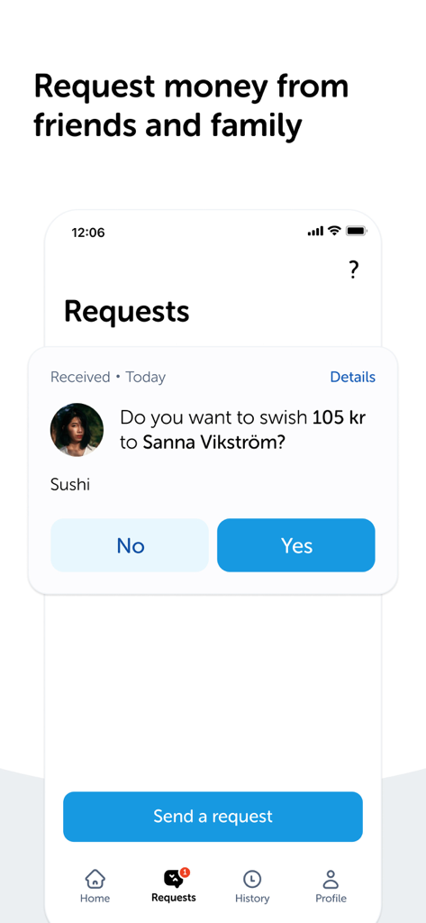Interface of Swish app showing a request to send money to a contact for sushi