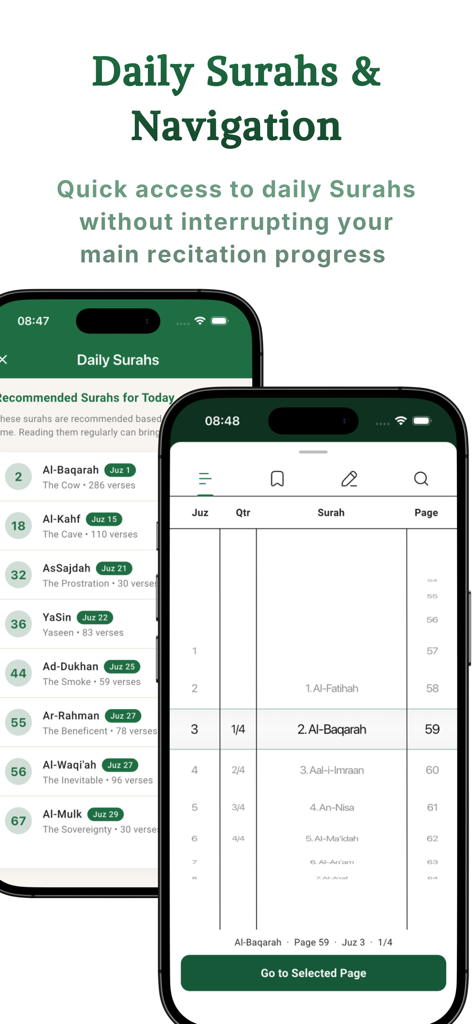 Maktabapp with 13 Line Quraan - Maktabappのインターフェース。毎日のスーラ（章）のおすすめと、ジュズ（節）とページのためのナビゲーションメニューを表示。