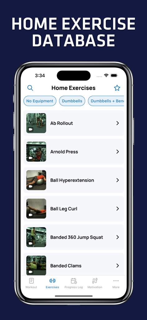 Home Workout No Equipment. - Pantalla de smartphone mostrando una base de datos de ejercicios en casa con instrucciones en video y filtros de equipo.
