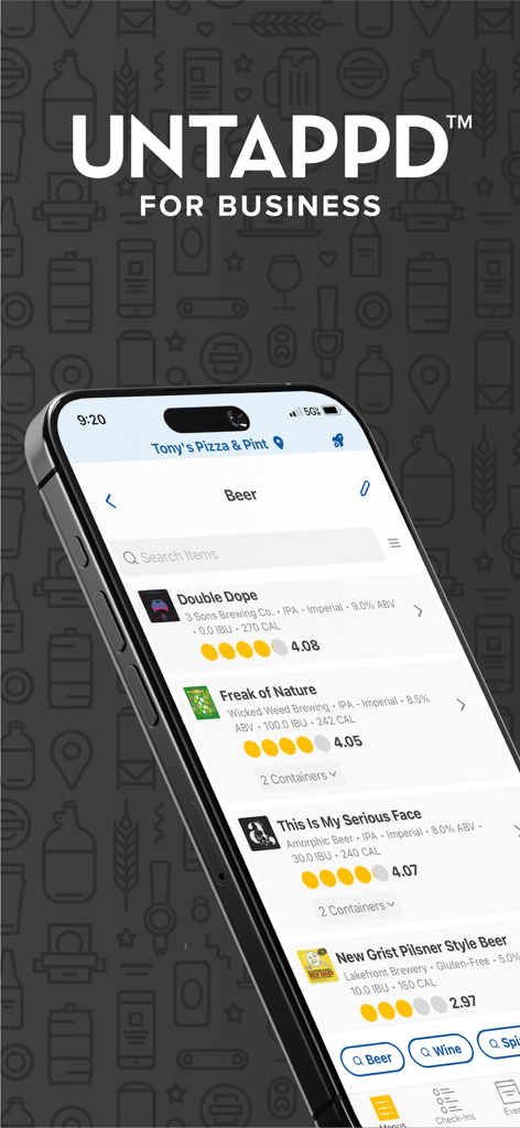 Untappd for Business app interface showing a digital beer menu on a smartphone.