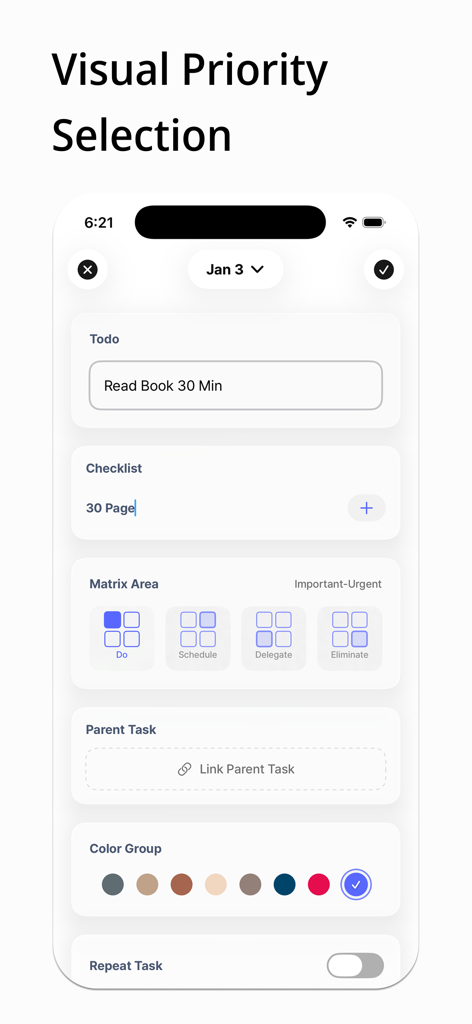 Todo & Task: Eisenhower Matrix - Pantalla de creación de tareas que muestra la selección de prioridad de la Matriz de Eisenhower y las categorías de colores