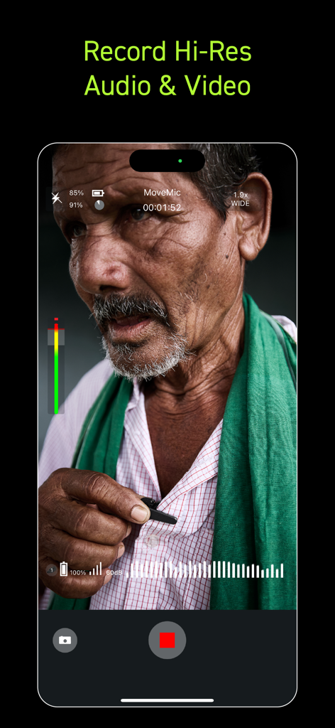 Mobile video recording interface with professional audio meters and recording status indicators
