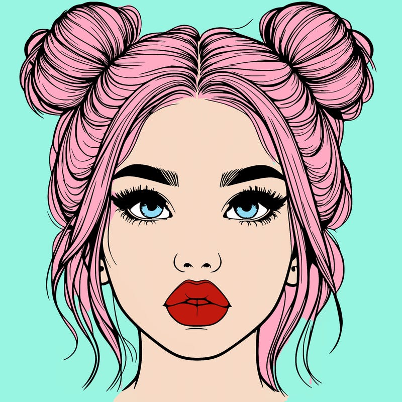 realistic girl with two buns on her hair and lips