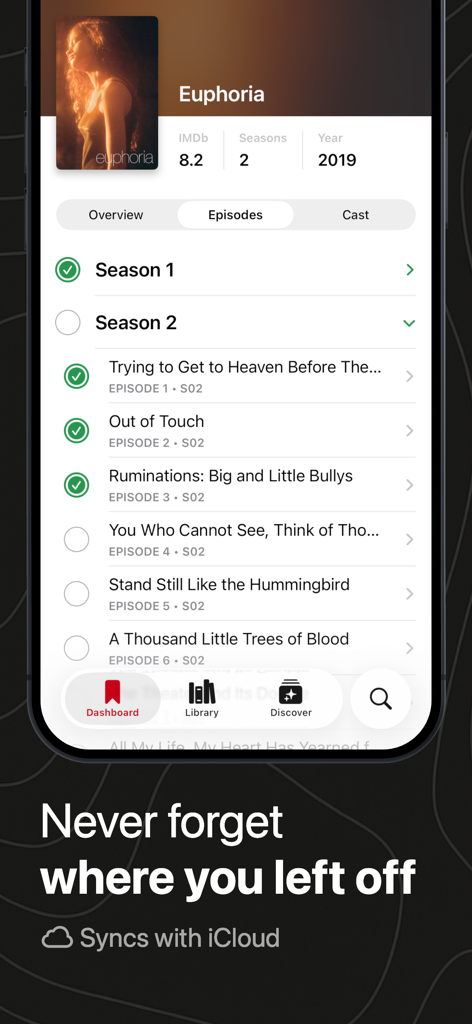 Showdown - TV & Movie Tracker - Interface of Showdown app tracking watched episodes of a TV show with progress checkmarks.