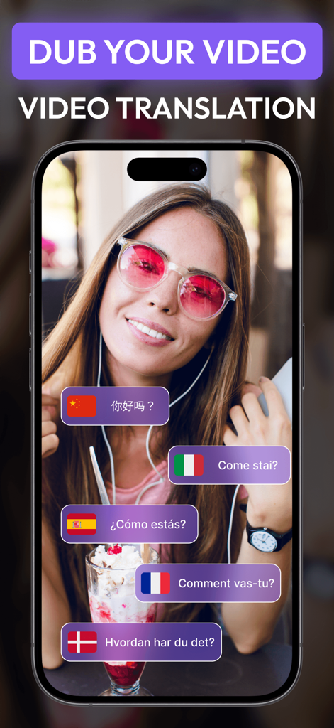 AI Video Dubbing: DubX - 女性の動画と中国語、イタリア語、スペイン語などの複数の言語での翻訳バブルが表示されたDubXアプリのインターフェースを示すスマートフォンの画面