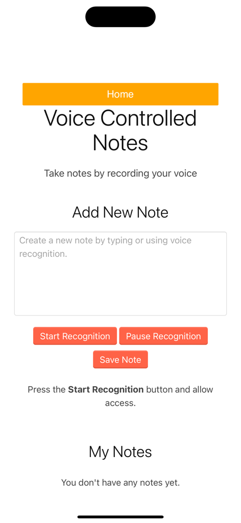 Interface for recording and saving voice controlled notes using AI speech recognition.