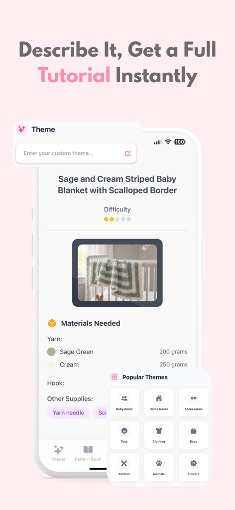 Crochet AI: Crochet Patterns - A smartphone screen showing the Crochet AI app interface generating a tutorial for a sage and cream striped baby blanket with a materials list.