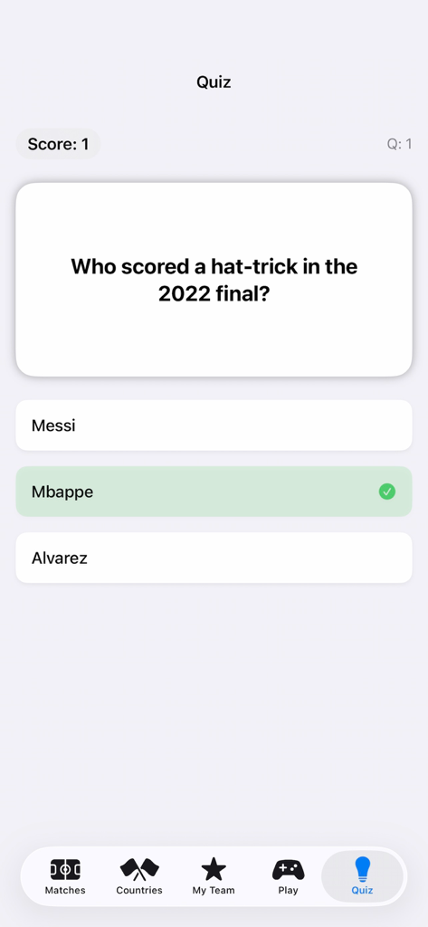 Interface of the Pro Soccer Quiz feature in the Soccer 2026 app showing a trivia question about the 2022 final with Mbappe as the correct answer.