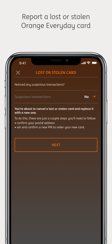 Screenshot of the ING Australia app interface for reporting and replacing a lost or stolen bank card