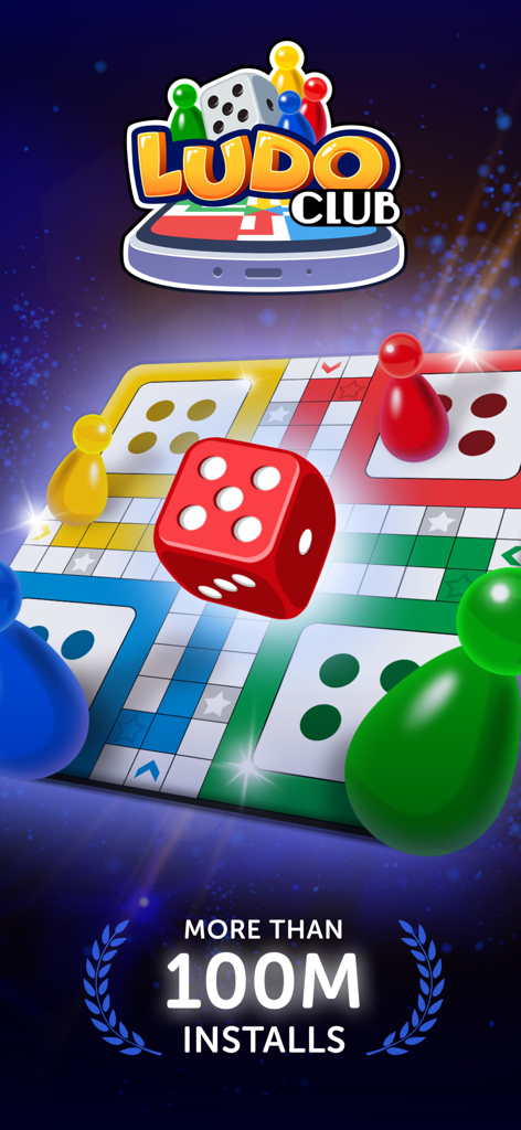 Ludo Club mobile game screen showing a colorful board with dice and a text highlighting more than 100 million installs.