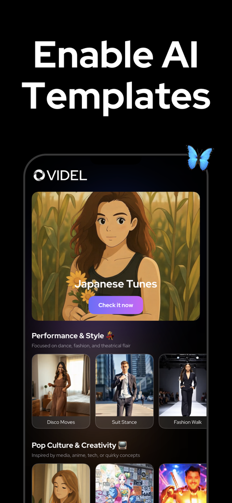 Videl app screen showcasing AI video templates like anime and fashion styles