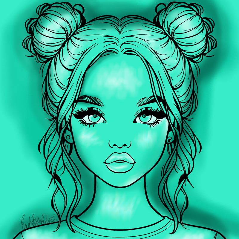 realistic girl with two buns in hair and lips