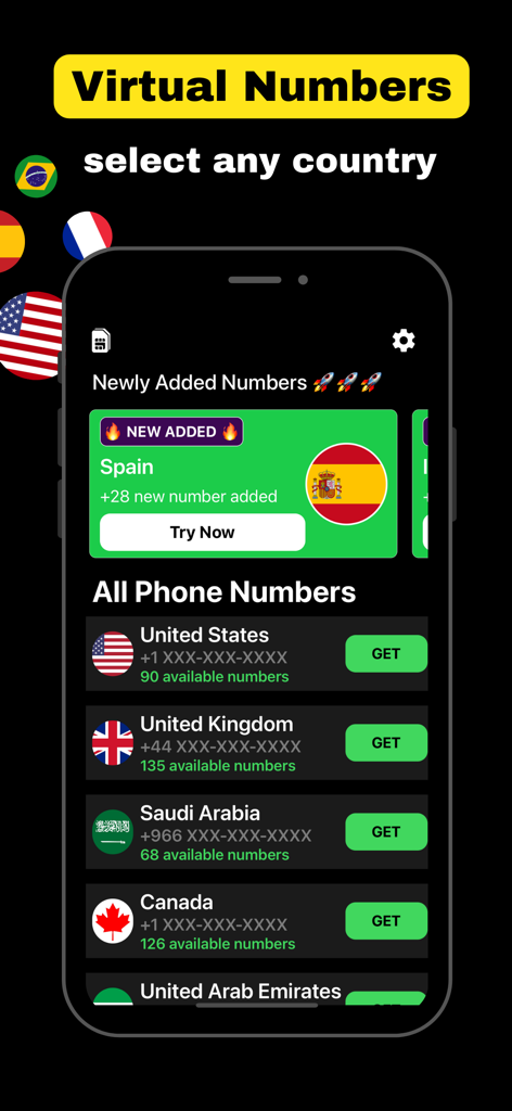 Virtual Phone Number :VCode - Oberfläche der VCode-App, die verfügbare virtuelle Telefonnummern aus den Vereinigten Staaten, dem Vereinigten Königreich und anderen Ländern anzeigt