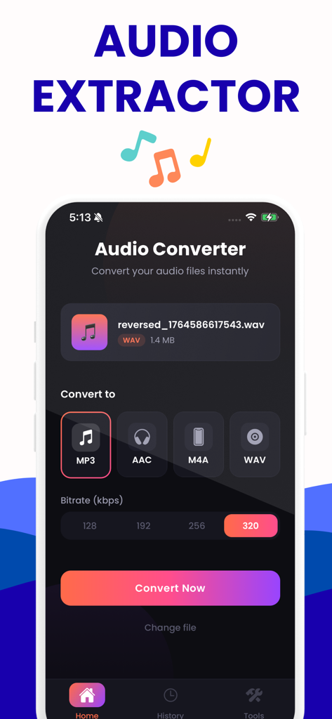 Interface of an audio converter app for converting files to mp3 with adjustable bitrate
