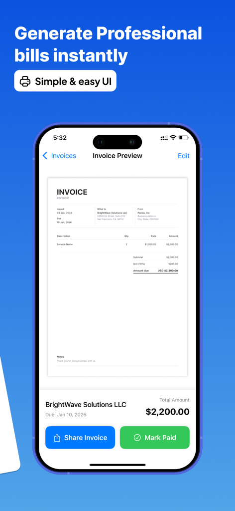 Simple Invoice Bill Maker - A mobile app screenshot showing a professional invoice preview with share and mark paid options.