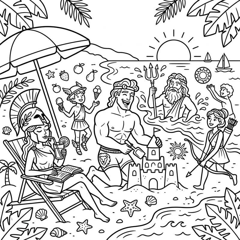 Dive into a vibrant summer scene where legendary mythological heroes trade their epic battles for beach relaxation! This delightful coloring page captures the joy of a perfect summer day, featuring iconic figures enjoying sun, sand, and sea.