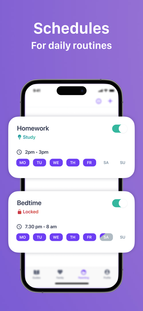 Interface of the Ohana parental control app displaying automated schedules for homework and bedtime routines