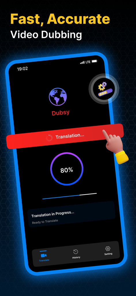 Dubsyアプリのスマートフォンのインターフェース。AI動画翻訳の進捗バーが80%を示しており、見出しには「高速で正確な動画ダビング」と表示されている。