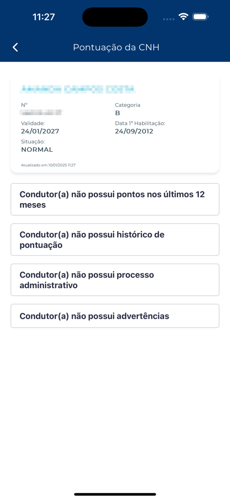 Detran/PR InteliGENTE - Driver license points and status screen in the Detran PR InteliGENTE app