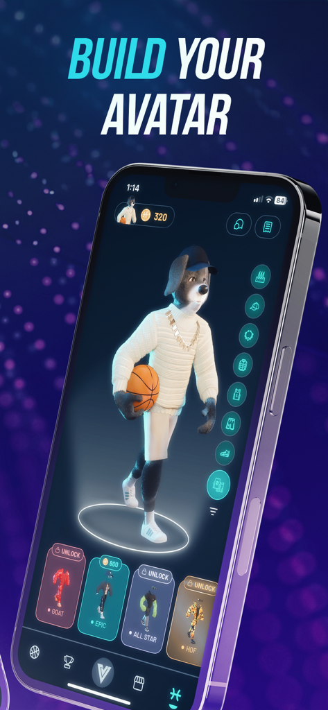 Mobile interface of the VOAT app showing a customizable 3D basketball character with urban lifestyle clothing options